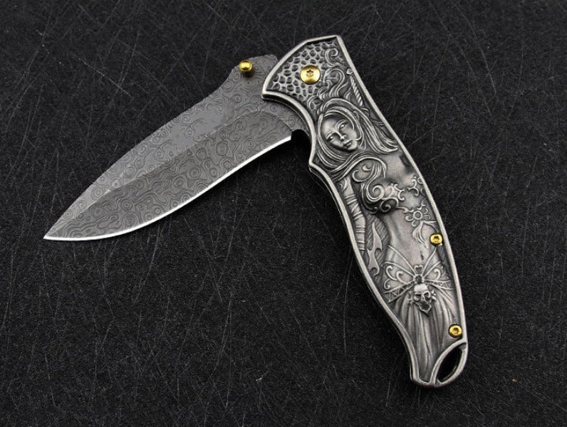 War Goddess Pattern Handle Folding Knife Outdoor Hunting Pocket EDC Tool