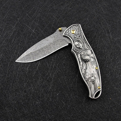 War Goddess Pattern Handle Folding Knife Outdoor Hunting Pocket EDC Tool