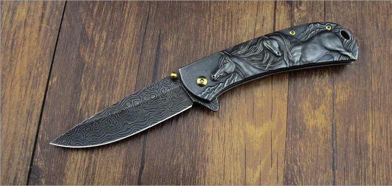 Sheep Eagle Horse Pattern Handle Folding Knife Outdoor Hunting Pocket EDC Tool