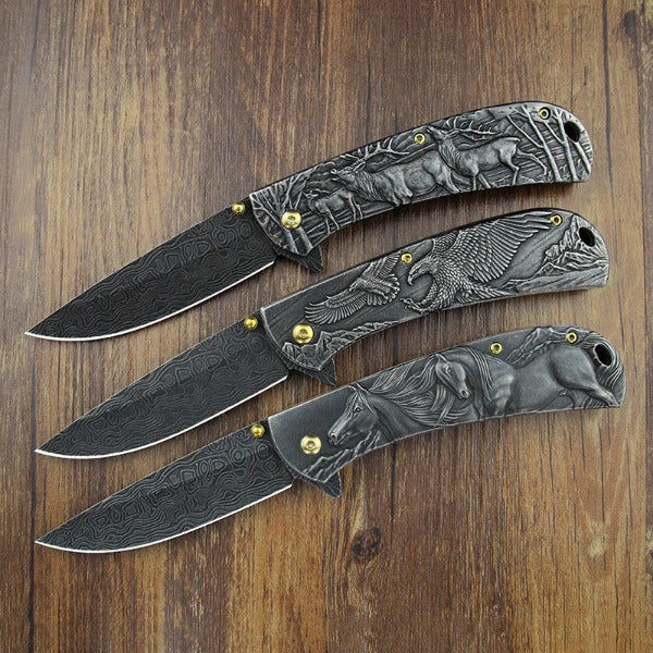 Sheep Eagle Horse Pattern Handle Folding Knife Outdoor Hunting Pocket EDC Tool