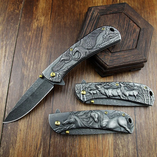 Sheep Eagle Horse Pattern Handle Folding Knife Outdoor Hunting Pocket EDC Tool