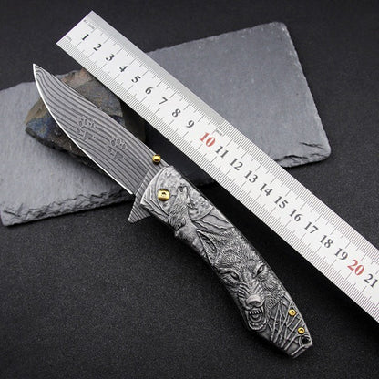 Wolf Pattern Handle Folding Knife Outdoor Camping Hunting Pocket EDC Tool