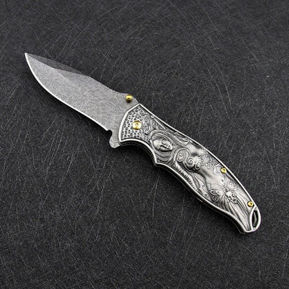 War Goddess Pattern Handle Folding Knife Outdoor Hunting Pocket EDC Tool