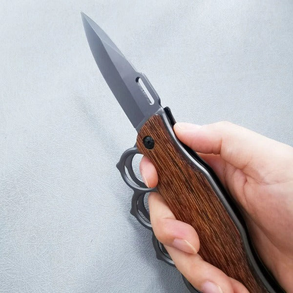 Wooden Handle Folding Knife Outdoor Self Defense Knuckle Pocket EDC Tool