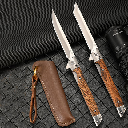 Wood Handle Folding Knife Camping Damascus