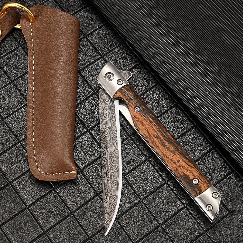 Wood Handle Folding Knife Camping Damascus