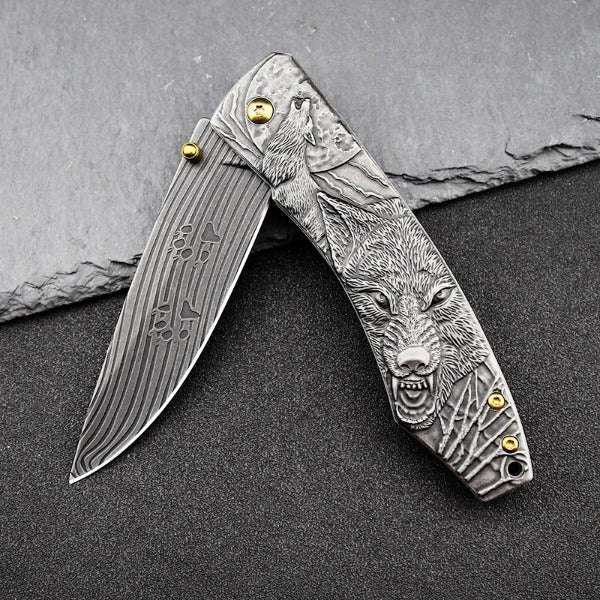 Wolf Pattern Handle Folding Knife Outdoor Camping Hunting Pocket EDC Tool