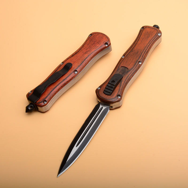 Wood Grip Tactical Blade Emergency Breaker EDC Camping Knife