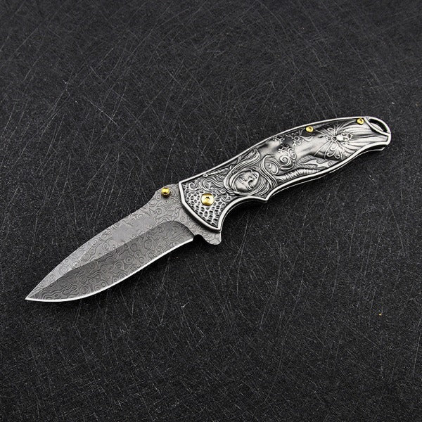 War Goddess Pattern Handle Folding Knife Outdoor Hunting Pocket EDC Tool