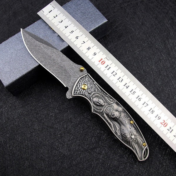 War Goddess Pattern Handle Folding Knife Outdoor Hunting Pocket EDC Tool