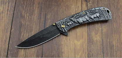 Sheep Eagle Horse Pattern Handle Folding Knife Outdoor Hunting Pocket EDC Tool