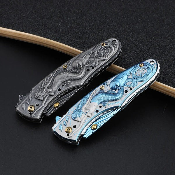 Mermaid Pattern Handle Folding Knife Outdoor Camping Hunting Pocket EDC Tool