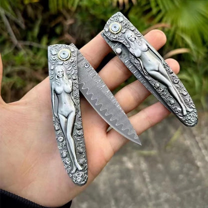 Vintage Handle Folding Knife Damascus Blade