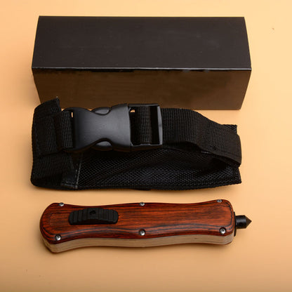 Wood Grip Tactical Blade Emergency Breaker EDC Camping Knife