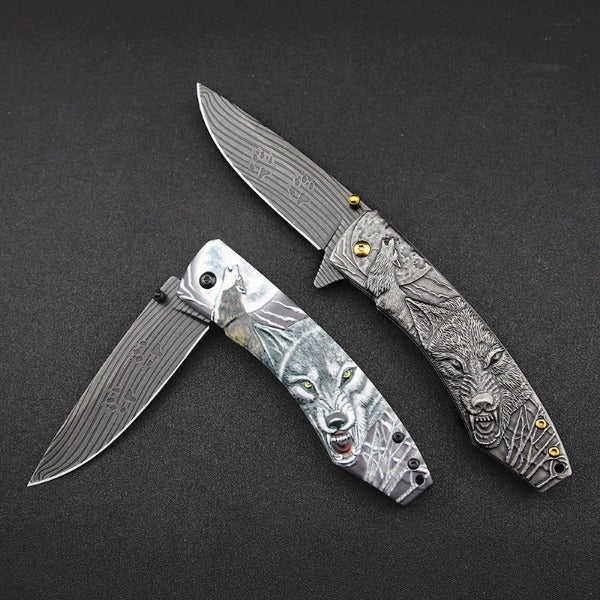 Wolf Pattern Handle Folding Knife Outdoor Camping Hunting Pocket EDC Tool