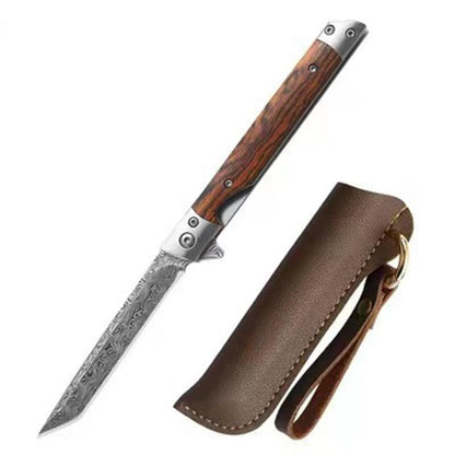 Wood Handle Folding Knife Camping Damascus