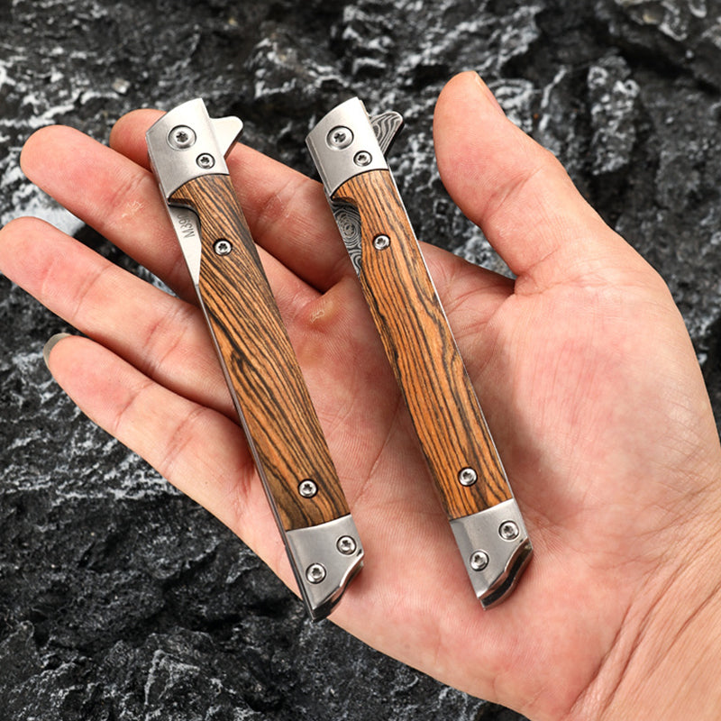 Wood Handle Folding Knife Camping Damascus