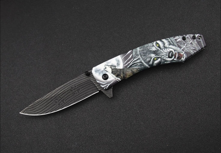 Wolf Pattern Handle Folding Knife Outdoor Camping Hunting Pocket EDC Tool