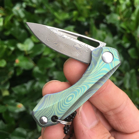 Titan Damascus Mini-Blade Knife EDC Quick-Deploy Keychain