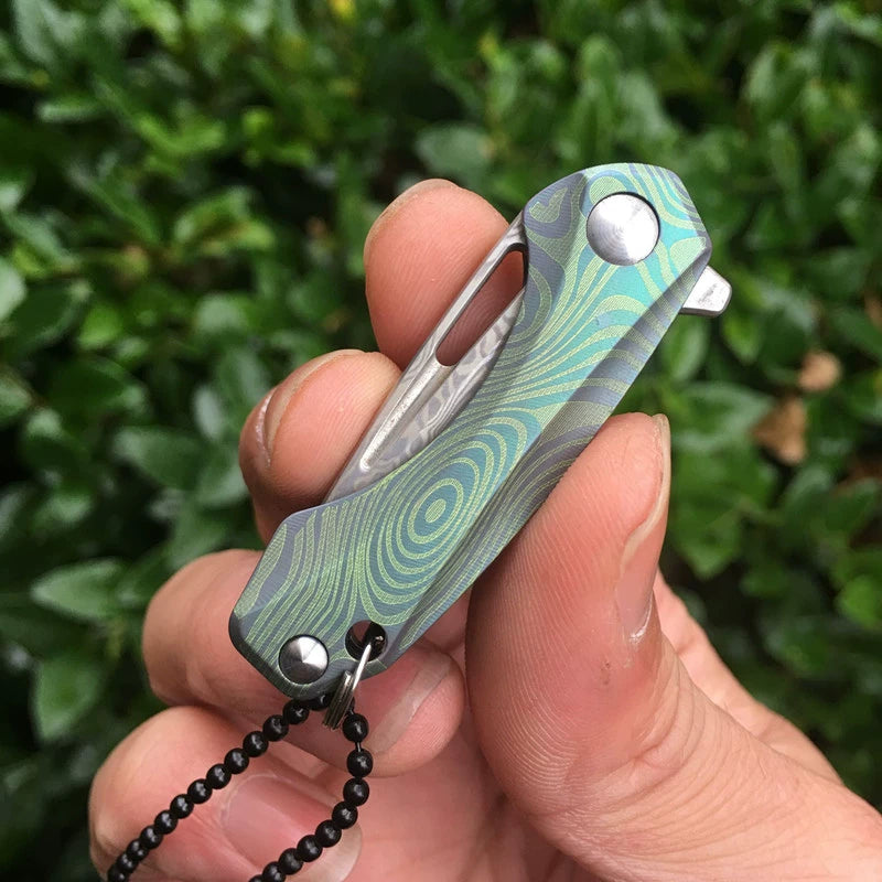 Titan Damascus Mini-Blade Knife EDC Quick-Deploy Keychain