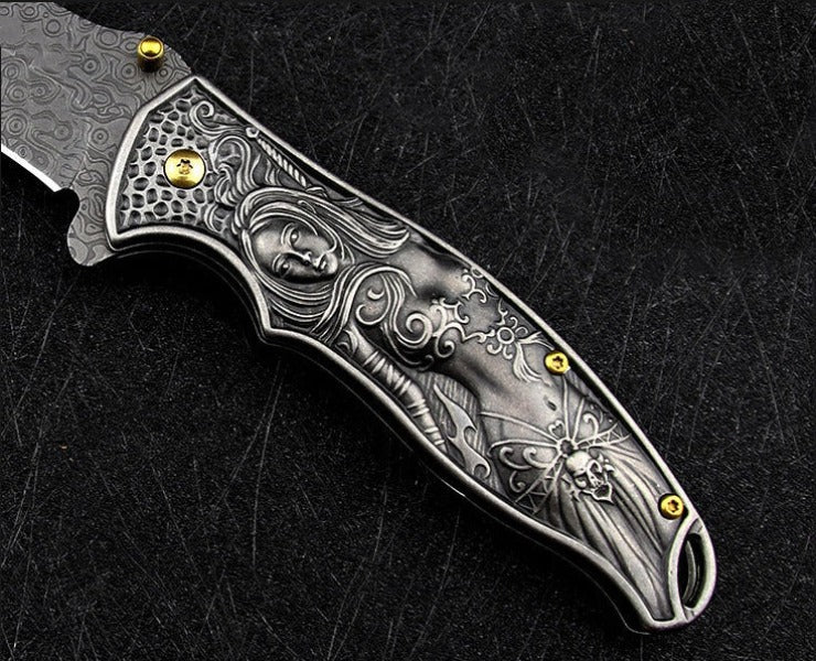 War Goddess Pattern Handle Folding Knife Outdoor Hunting Pocket EDC Tool