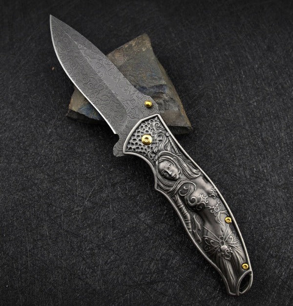 War Goddess Pattern Handle Folding Knife Outdoor Hunting Pocket EDC Tool