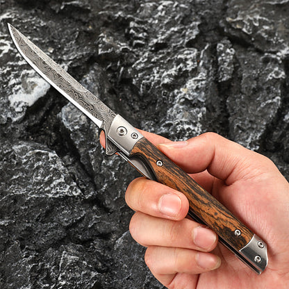 Wood Handle Folding Knife Camping Damascus