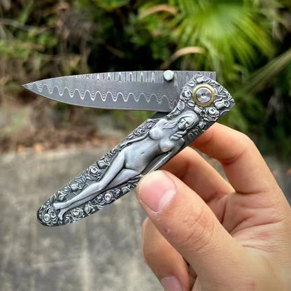 Vintage Handle Folding Knife Damascus Blade