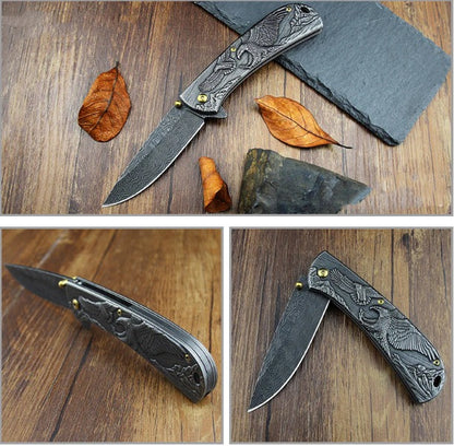 Sheep Eagle Horse Pattern Handle Folding Knife Outdoor Hunting Pocket EDC Tool