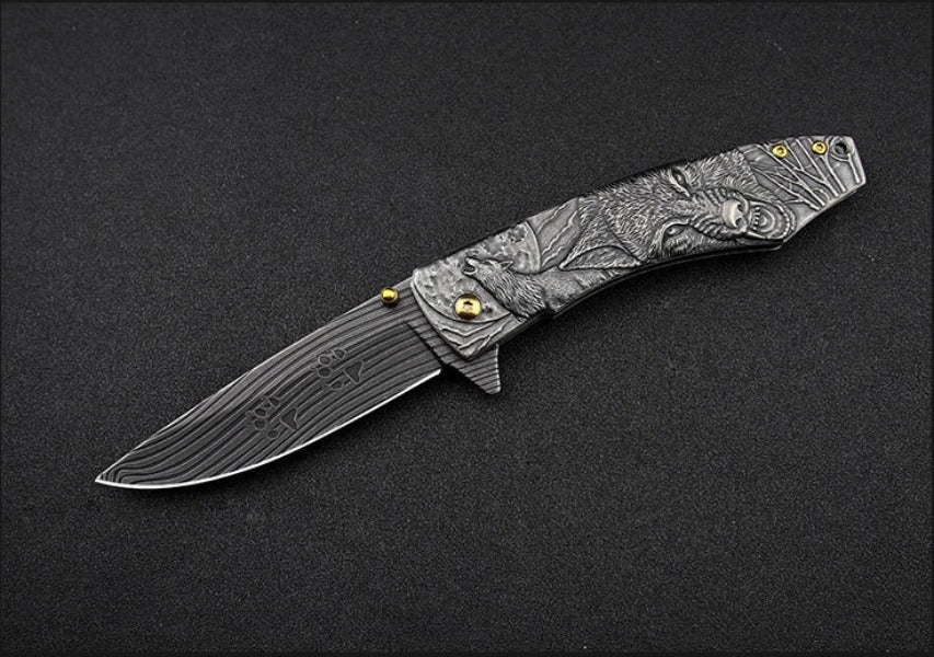 Wolf Pattern Handle Folding Knife Outdoor Camping Hunting Pocket EDC Tool