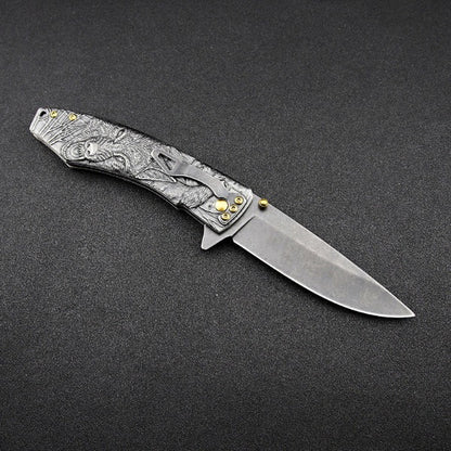 Wolf Pattern Handle Folding Knife Outdoor Camping Hunting Pocket EDC Tool