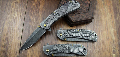 Sheep Eagle Horse Pattern Handle Folding Knife Outdoor Hunting Pocket EDC Tool