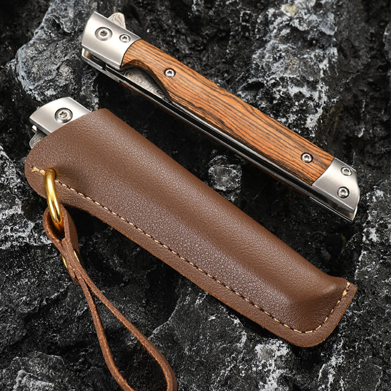 Wood Handle Folding Knife Camping Damascus