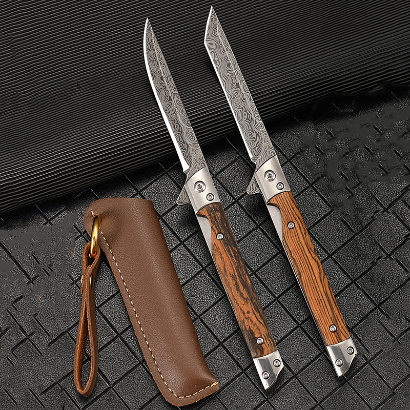 Wood Handle Folding Knife Camping Damascus