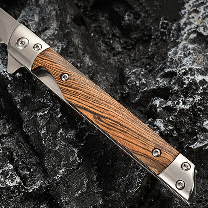 Wood Handle Folding Knife Camping Damascus