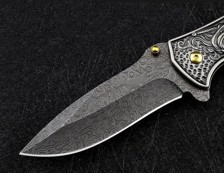 War Goddess Pattern Handle Folding Knife Outdoor Hunting Pocket EDC Tool