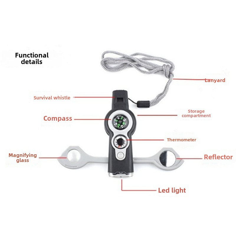 Outdoor MultiWhistle 7in1 Survival LED Compass Thermometer